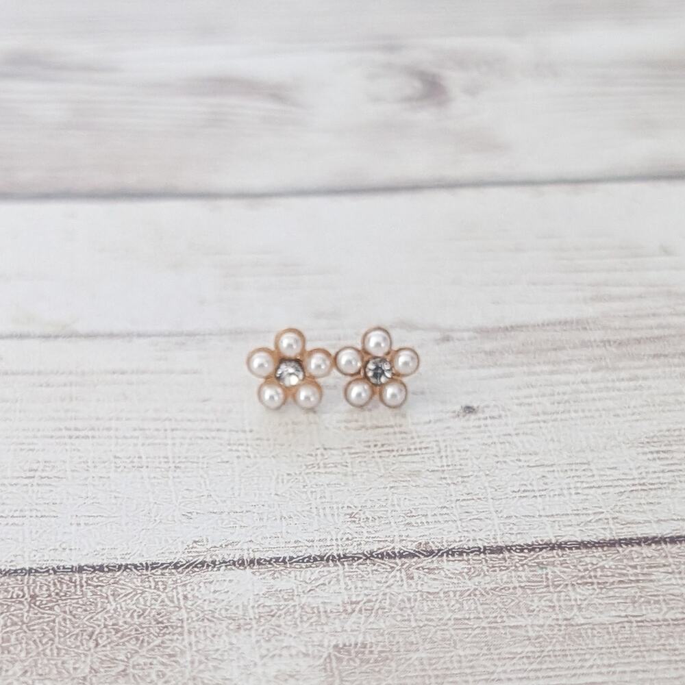 Vintage Stud Earrings Dainty & Small Faux Pearl & Clear Gem Flower